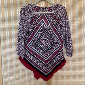 Heartsoul Womens Red Black Medallion Floral Handkerchief Hem Blouse L Boho Artsy